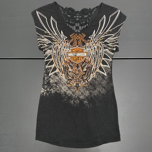 Harley-Davidson Womens Blade To The Bone Lace Embellished Short Sleeve Tee - XS - Picture 3 of 12